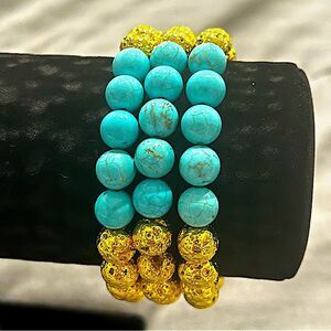 Blue Turquoise Stone & Gold Lava Handmade Beaded Bracelet